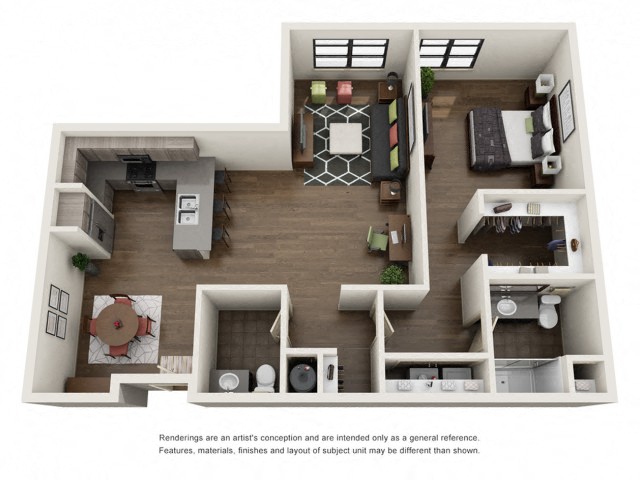 Floor plan for 1 bed, 1.5 baths, 1032 sqft