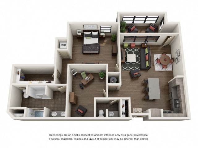Floor plan for 1 bed, 1.5 baths, 1425 sqft
