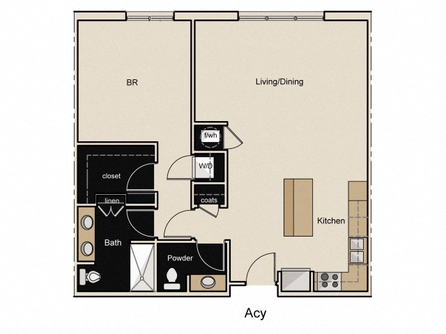 Floor plan for 1 bed, 1.5 baths, 918 sqft