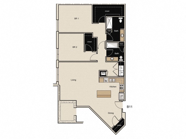 Floor plan for 2 beds, 2 baths, 1408 sqft