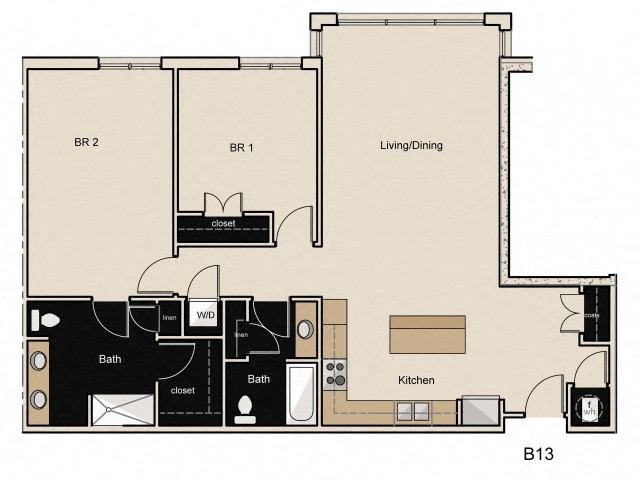 Floor plan for 2 beds, 2 baths, 1302 sqft