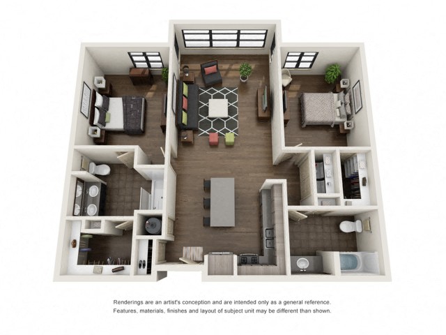 Floor plan for 2 beds, 2 baths, 1169 sqft