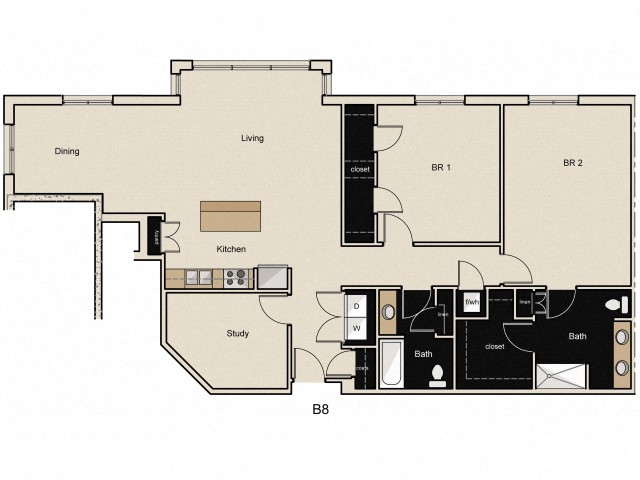 Floor plan for 2 beds, 2 baths, 1635 sqft