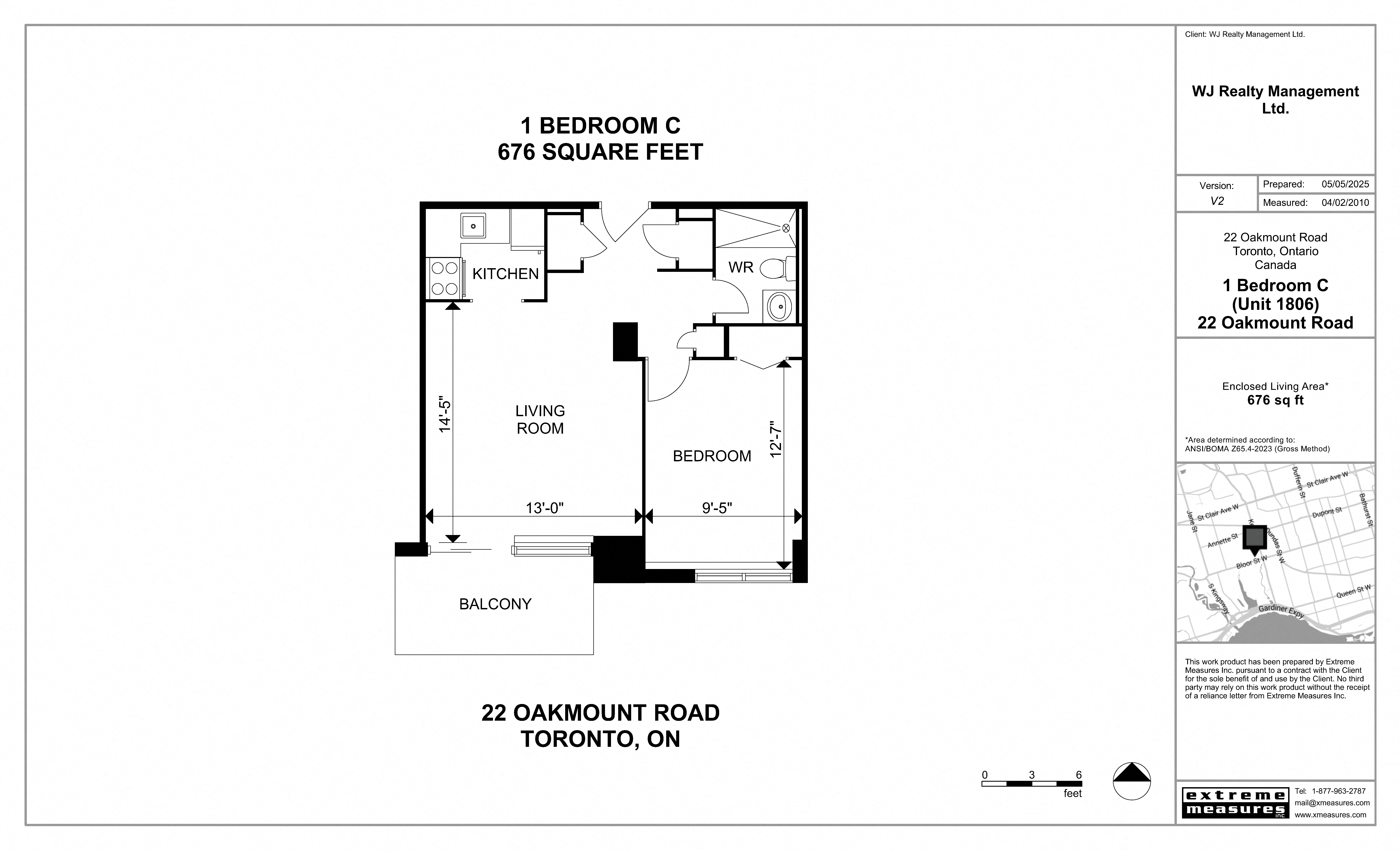 Floor plan for 1 bed, 1 bath, 676 sqft