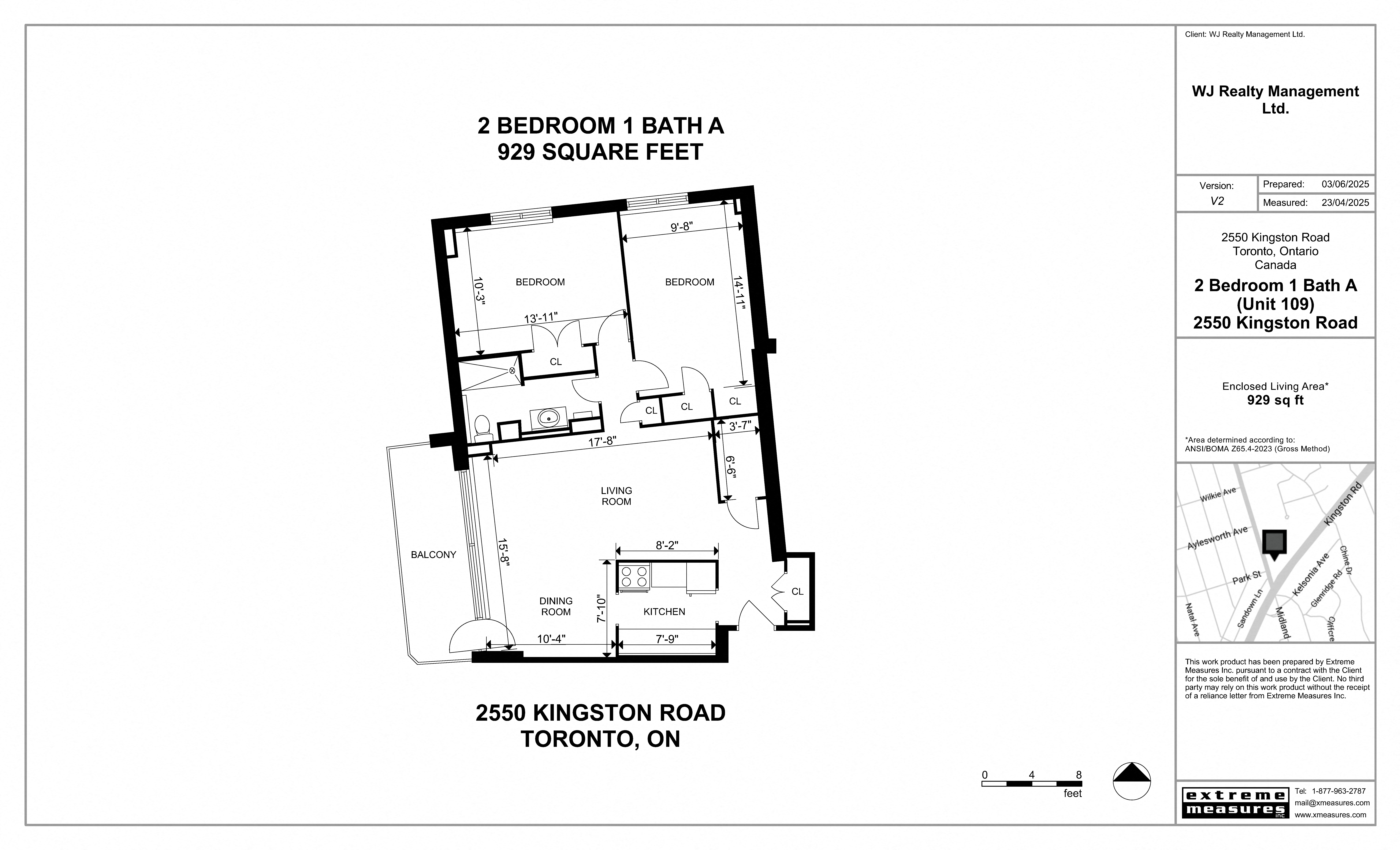 Floor plan for 2 beds, 1 bath, 929 sqft