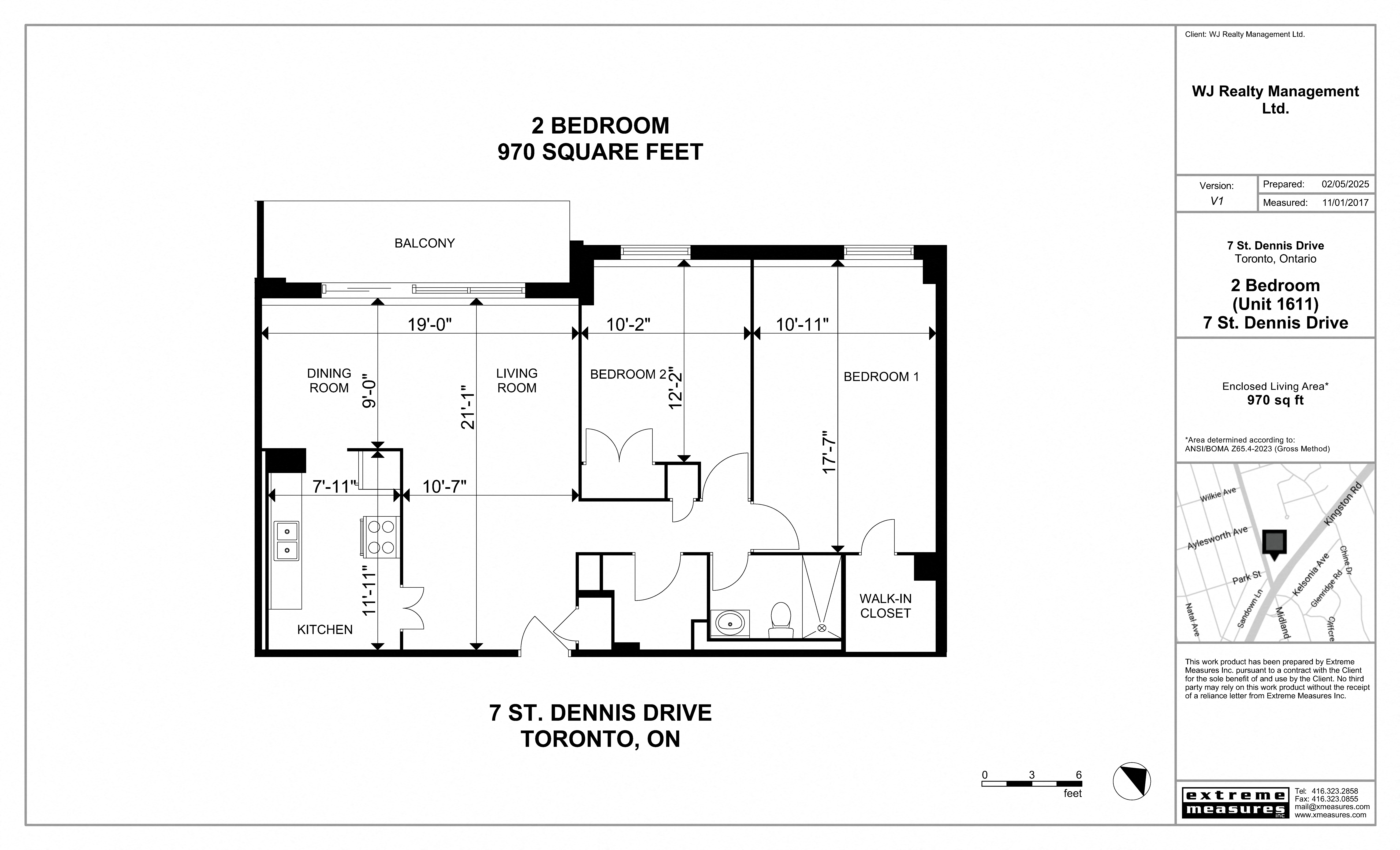 Floor plan for 2 beds, 1 bath, 970 sqft