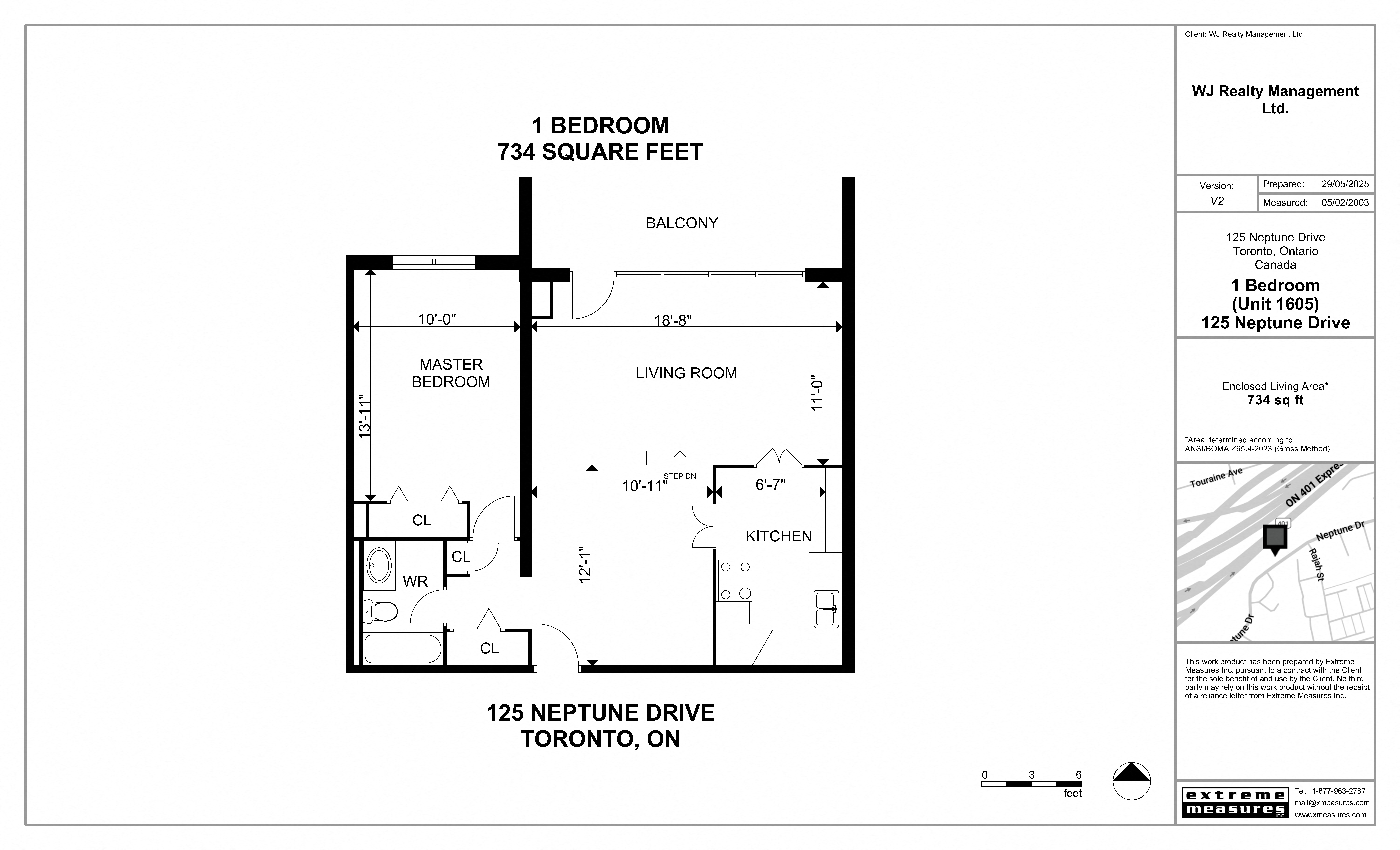 Floor plan for 1 bed, 1 bath, 734 sqft