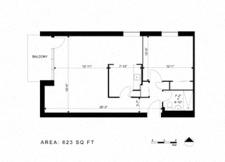 Floor plan for 1 bed, 1 bath, 580 sqft