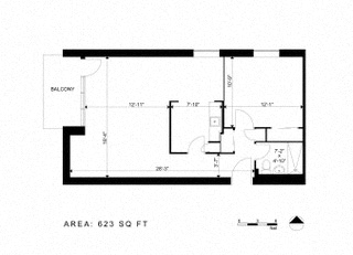 Floor plan for 1 bed, 1 bath, 580 sqft