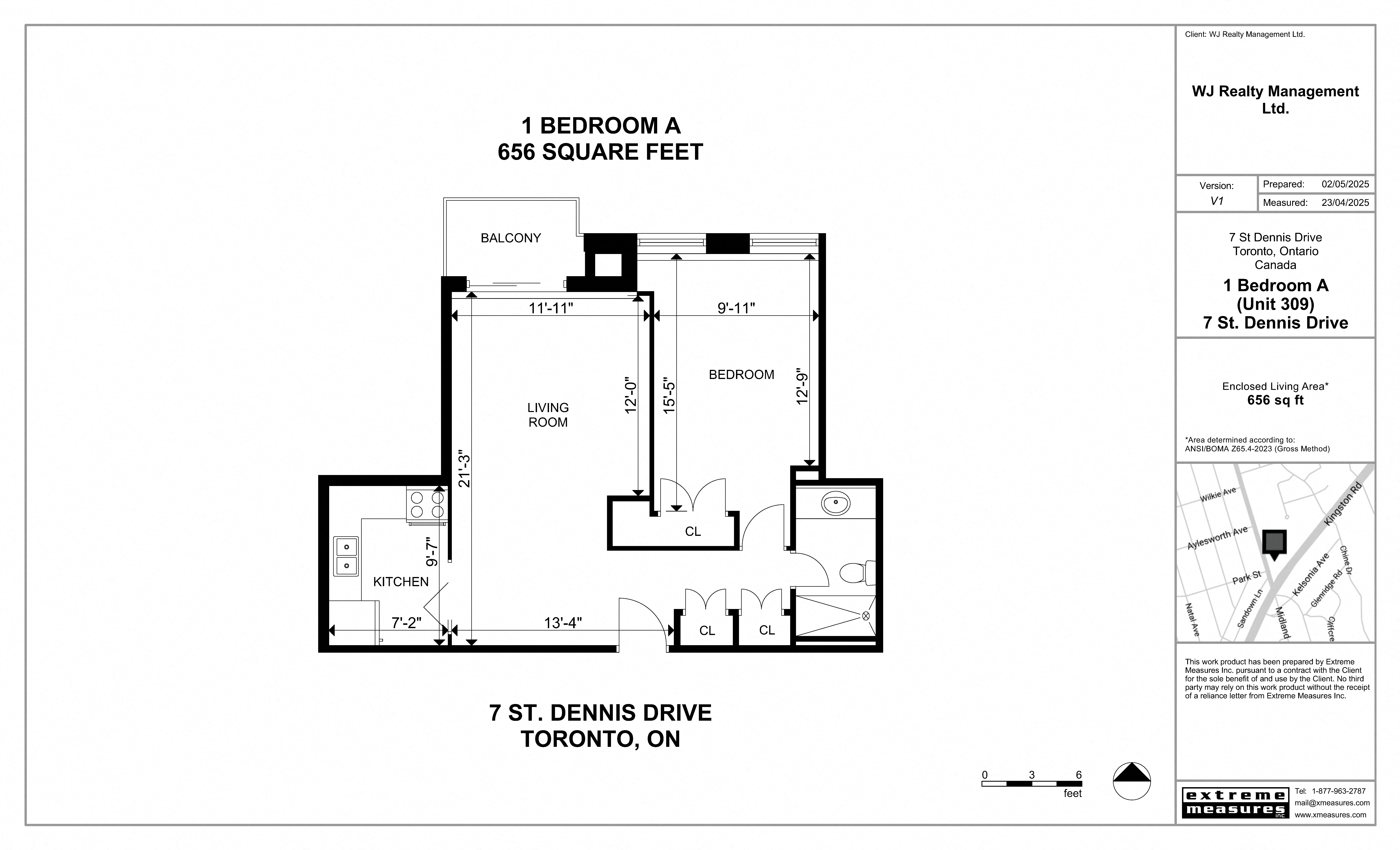 Floor plan for 1 bed, 1 bath, 656 sqft