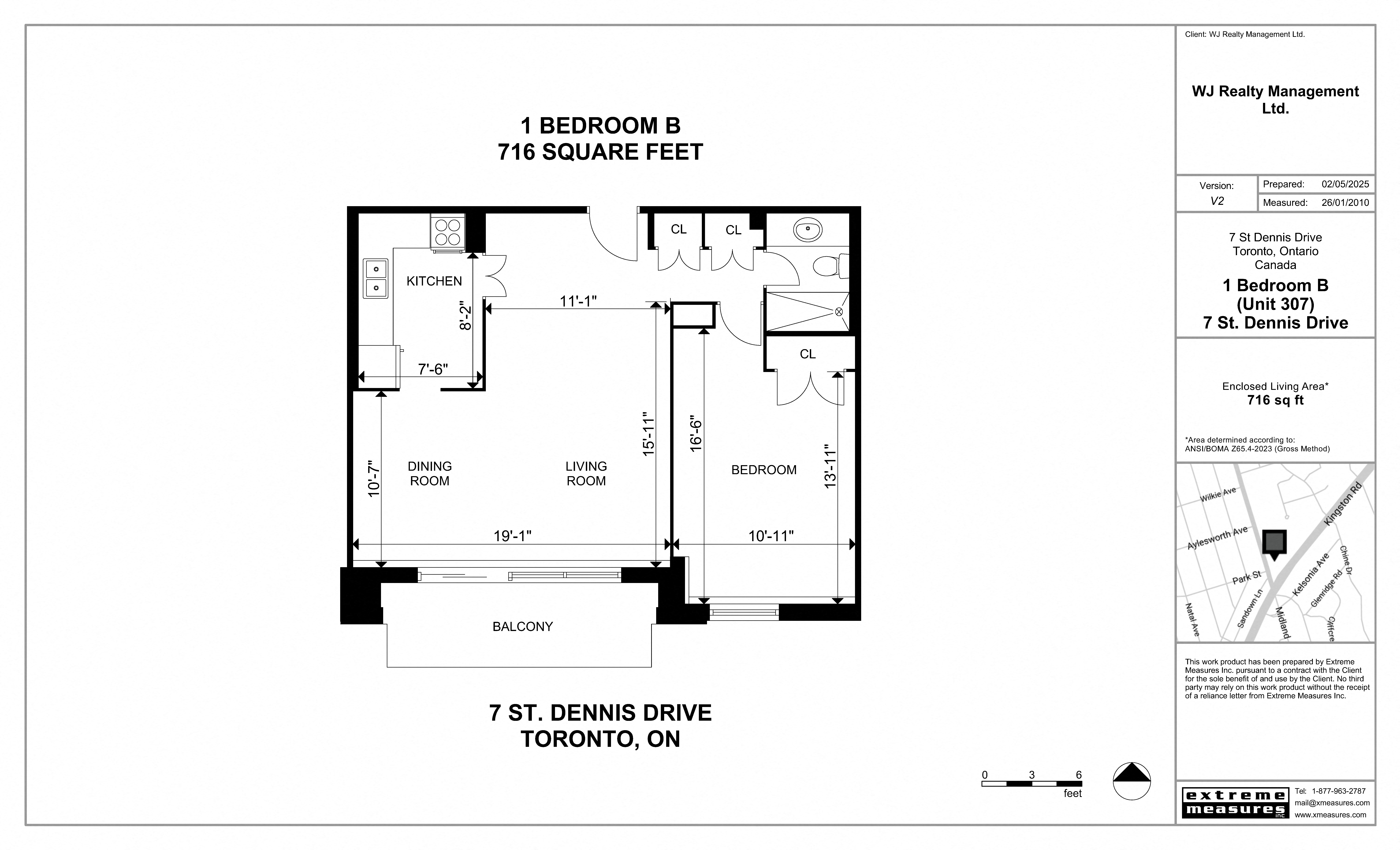 Floor plan for 1 bed, 1 bath, 716 sqft