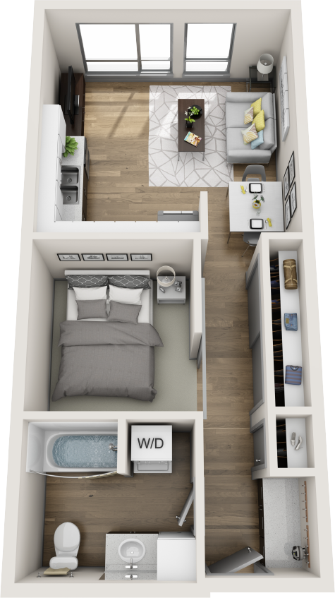 Floor plan for studio, 1 bath, 578 sqft