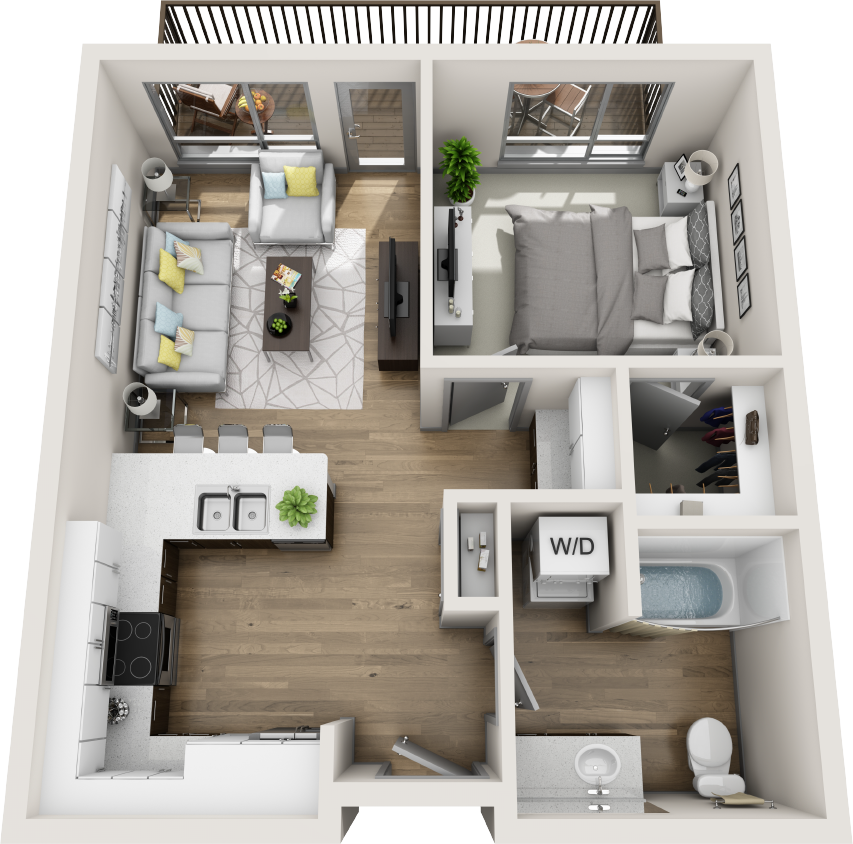 Floor plan for 1 bed, 1 bath, 622 sqft
