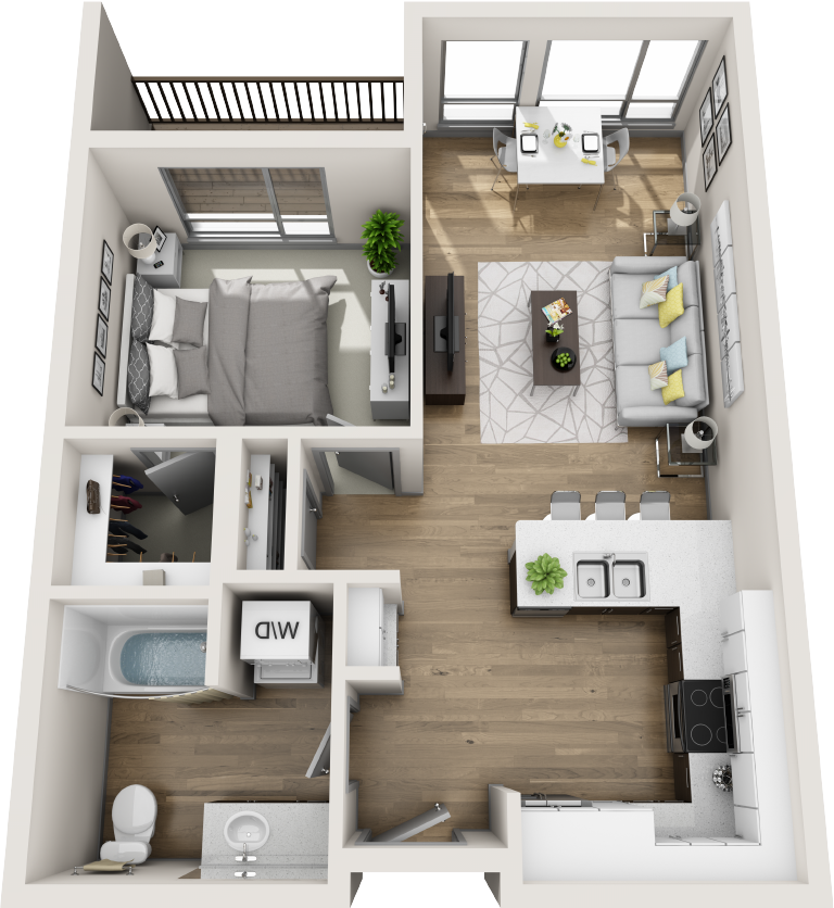 Floor plan for 1 bed, 1 bath, 685 sqft