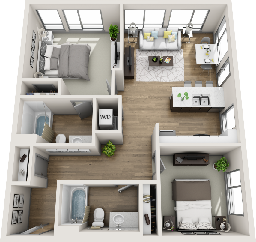 Floor plan for 2 beds, 2 baths, 996 sqft