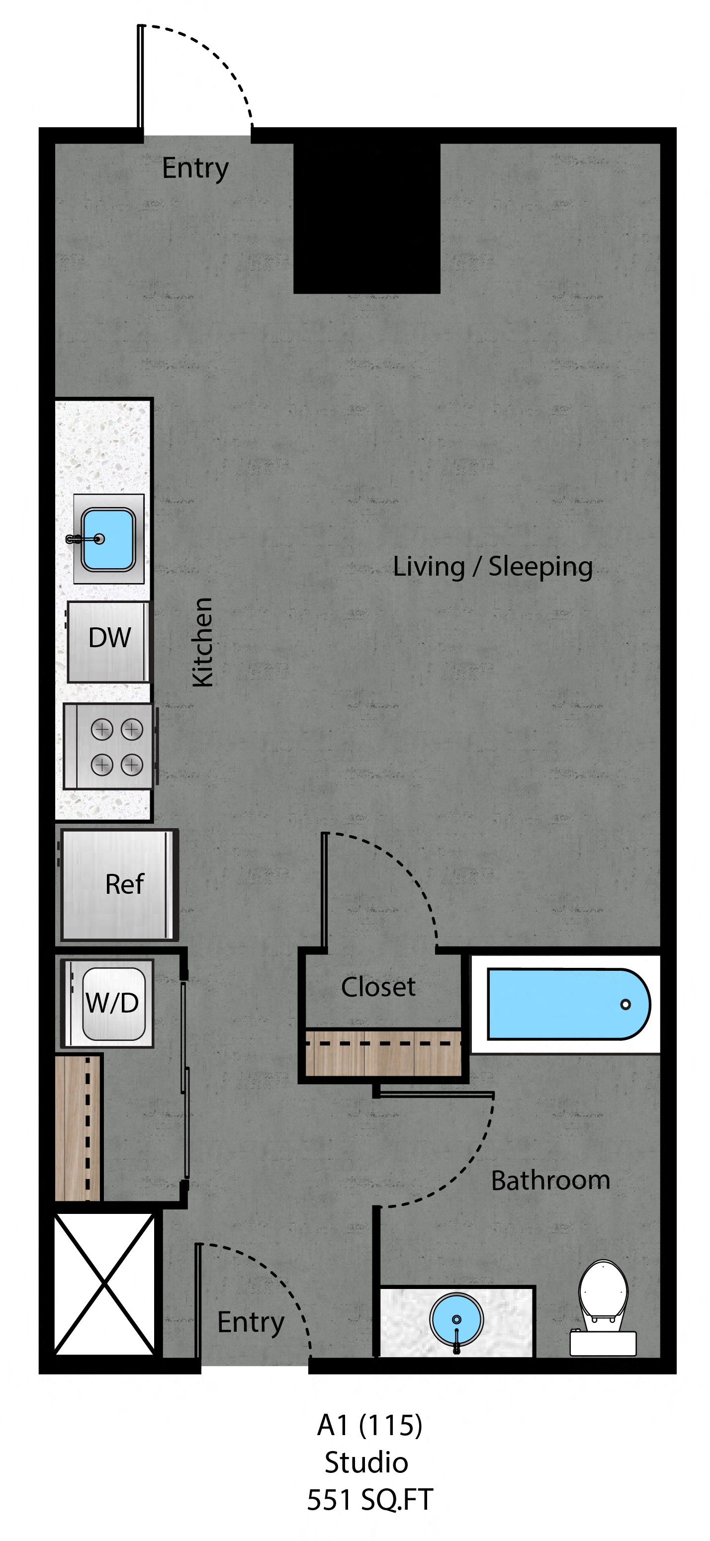 Floor plan for studio, 1 bath, 551 sqft