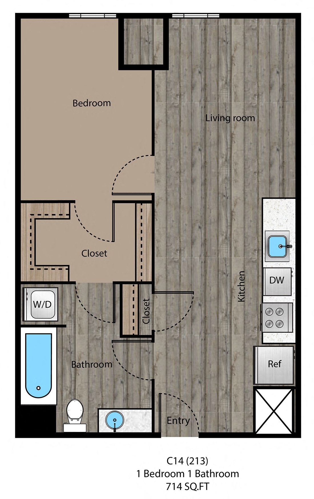 Floor plan for 1 bed, 1 bath, 714 sqft