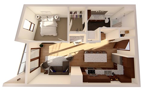 Floor plan for 1 bed, 1 bath, 743 sqft