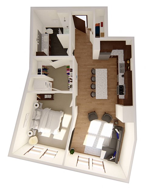 Floor plan for 1 bed, 1 bath, 834 sqft