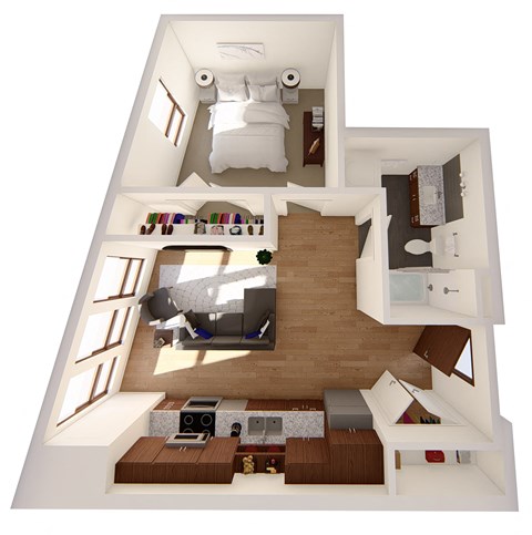 Floor plan for 1 bed, 1 bath, 613 sqft