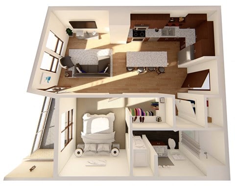 Floor plan for 1 bed, 1 bath, 691 sqft