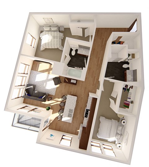 Floor plan for 2 beds, 2 baths, 1117 sqft