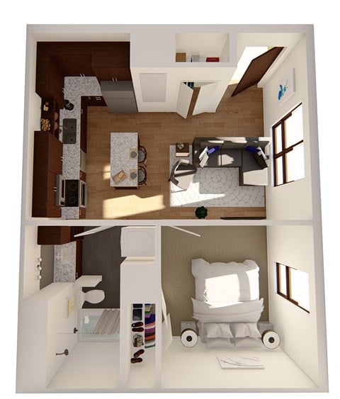 Floor plan for 1 bed, 1 bath, 553 sqft