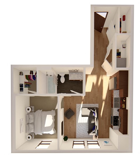 Floor plan for 1 bed, 1 bath, 606 sqft