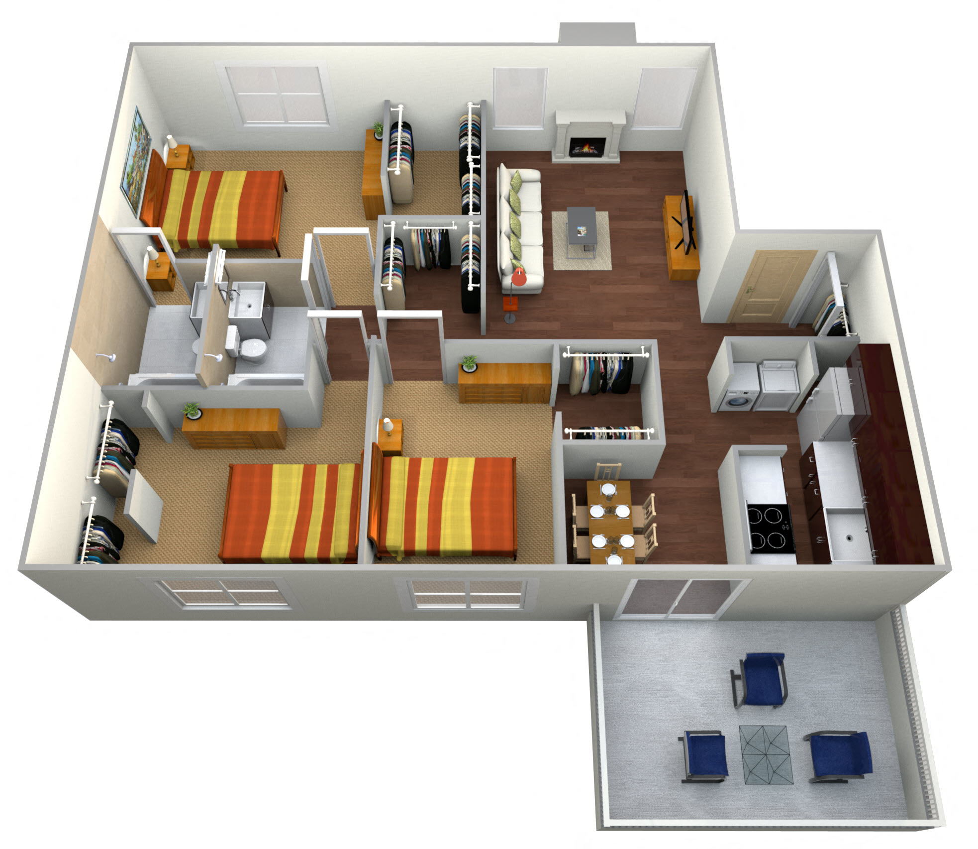 Floor plan for 3 beds, 2 baths, 1340 sqft
