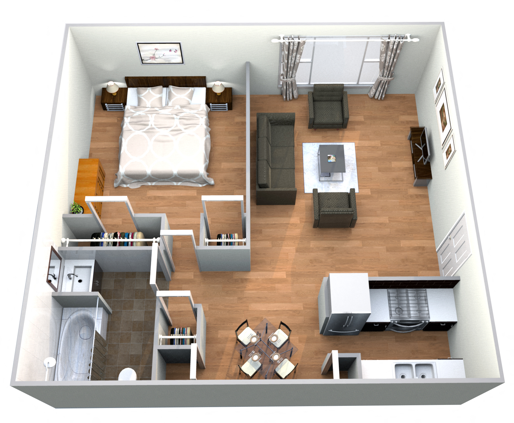 Floor plan for 1 bed, 1 bath, 740 sqft