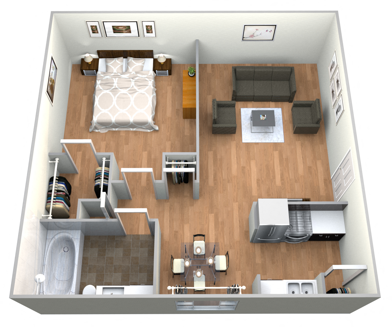 Floor plan for 1 bed, 1 bath, 820 sqft