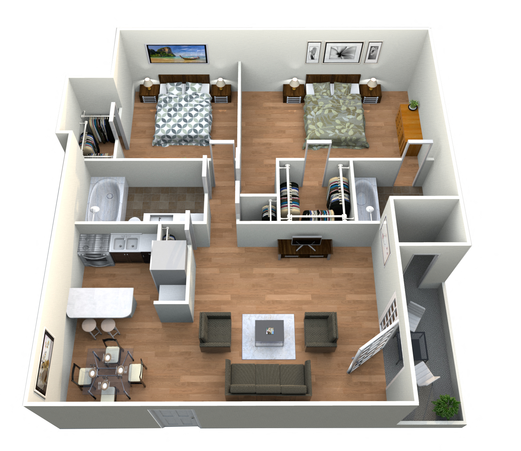 Floor plan for 2 beds, 2 baths, 1000 sqft