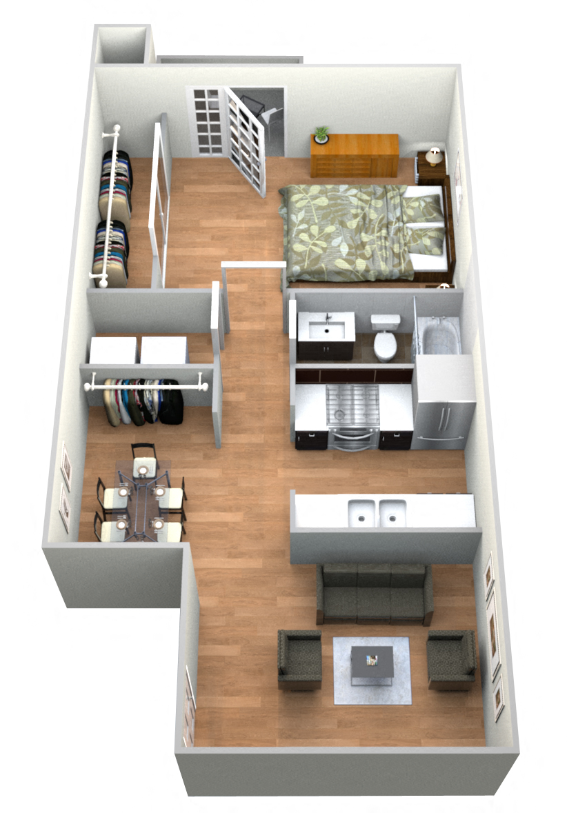 Floor plan for 1 bed, 1 bath, 600 sqft