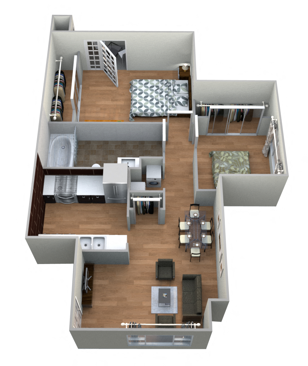 Floor plan for 2 beds, 1 bath, 835 sqft