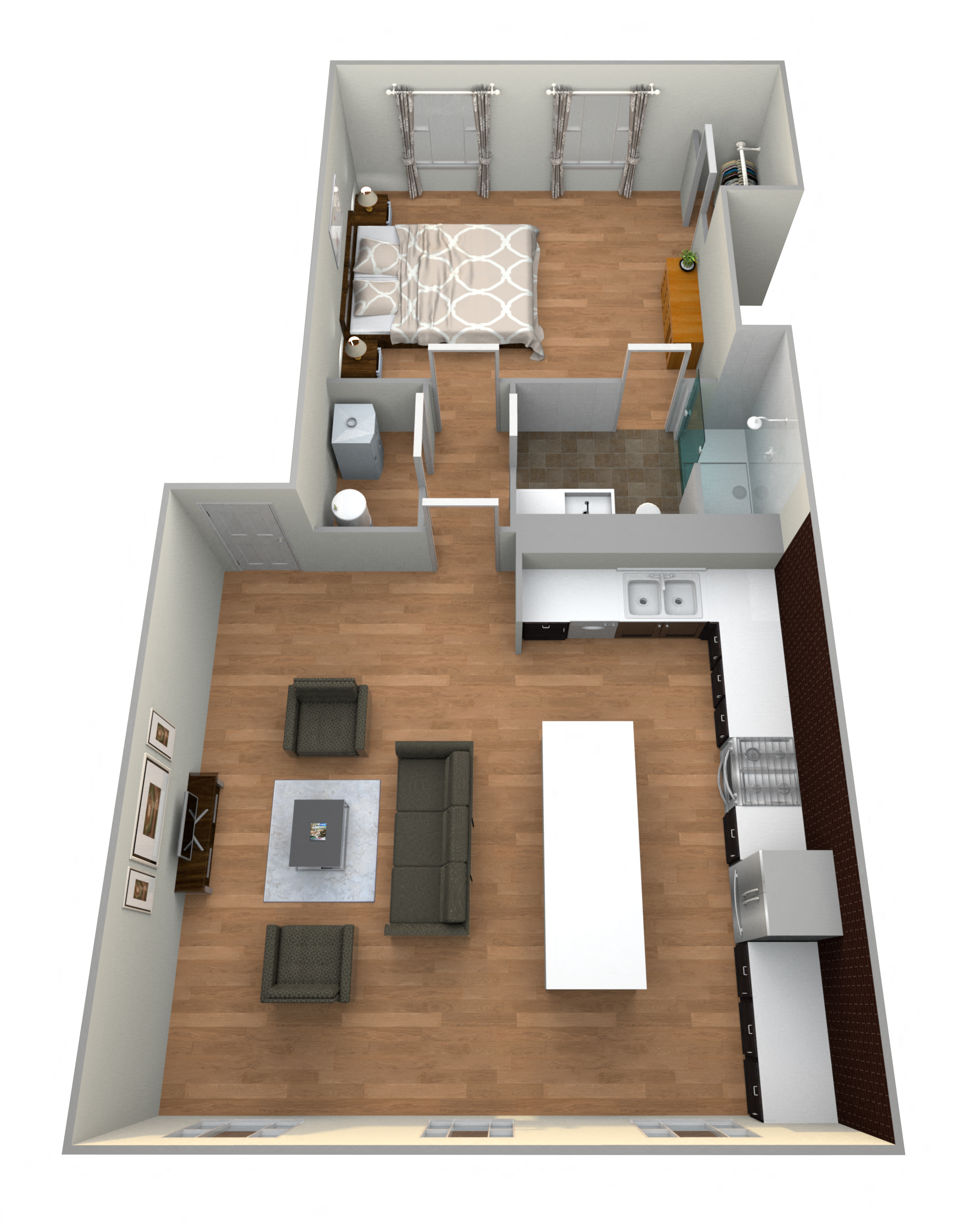 Floor plan for 1 bed, 1 bath, 725 sqft