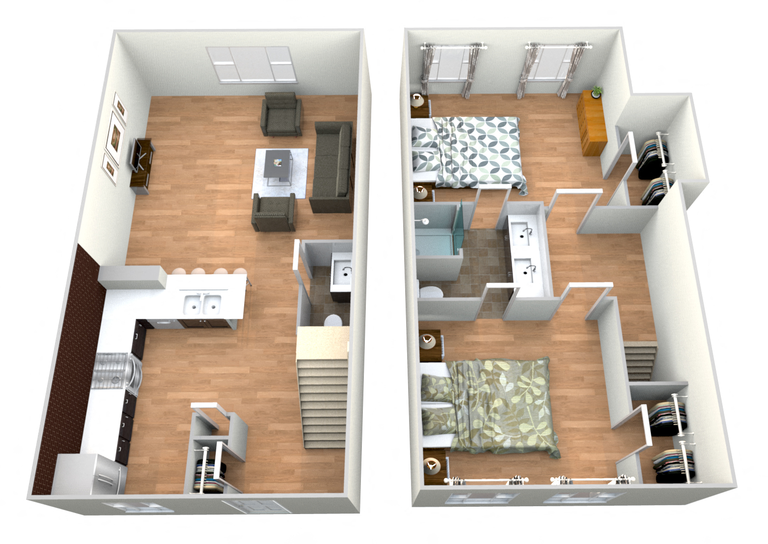 Floor plan for 2 beds, 1.5 baths, 976 sqft