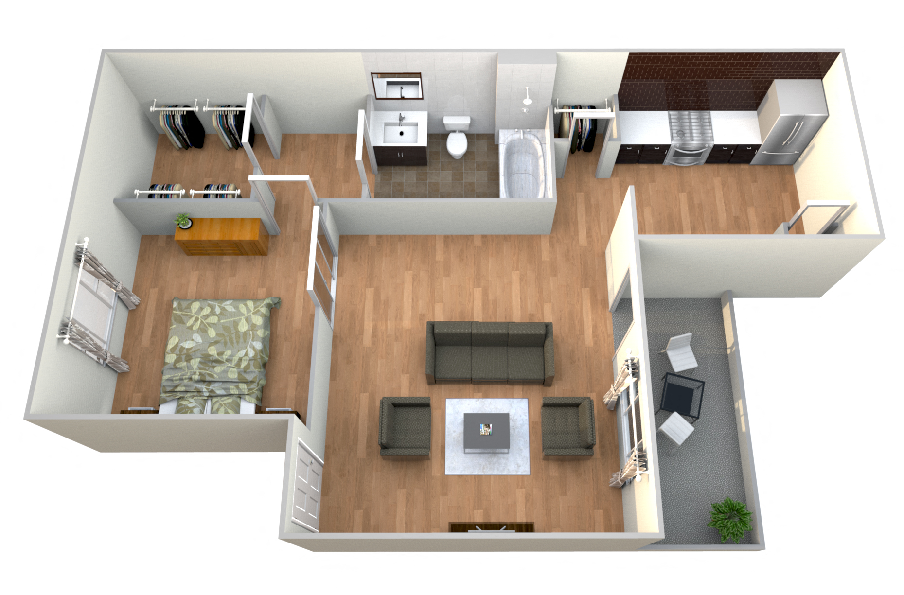 Floor plan for 1 bed, 1 bath, 568 sqft