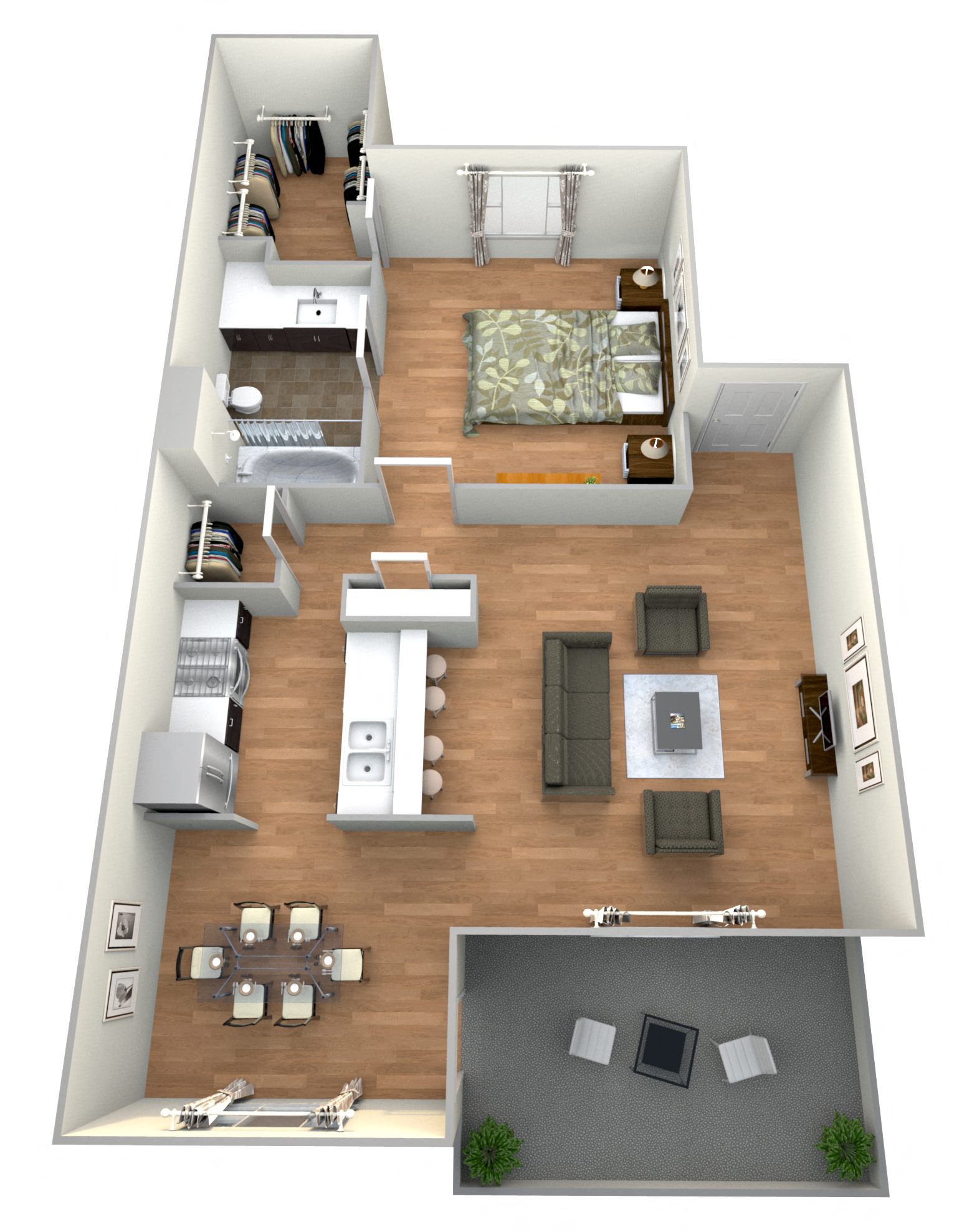 Floor plan for 1 bed, 1 bath, 698 sqft