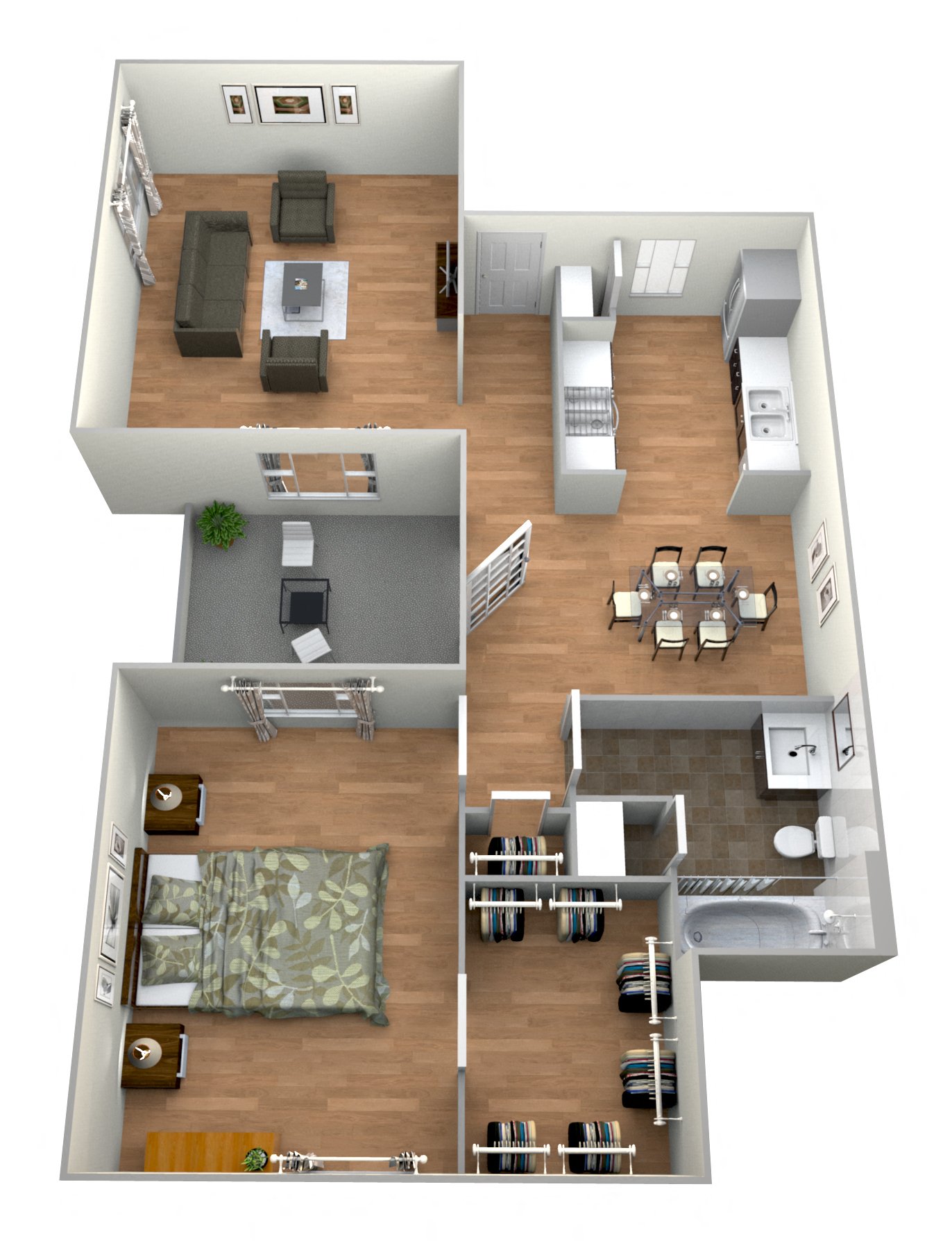 Floor plan for 1 bed, 1 bath, 752 sqft