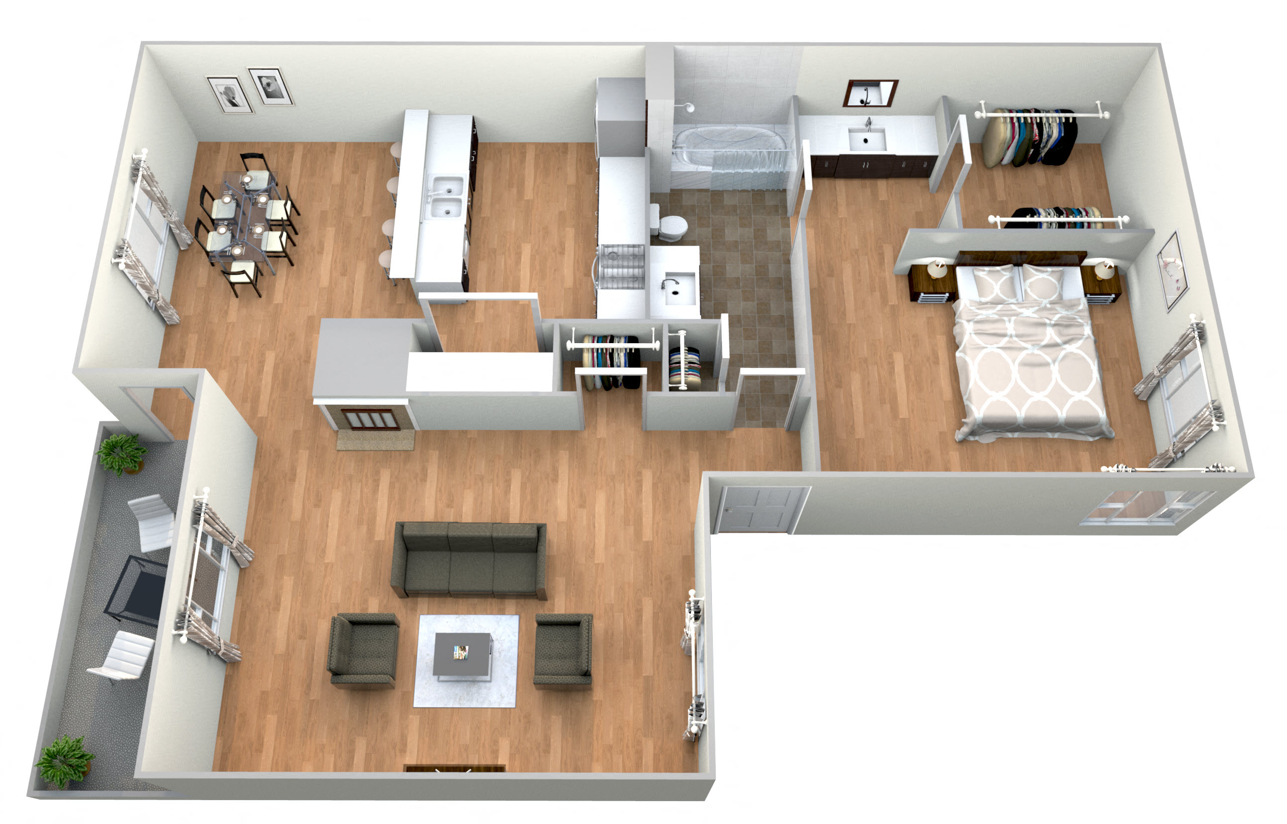Floor plan for 1 bed, 1 bath, 874 sqft