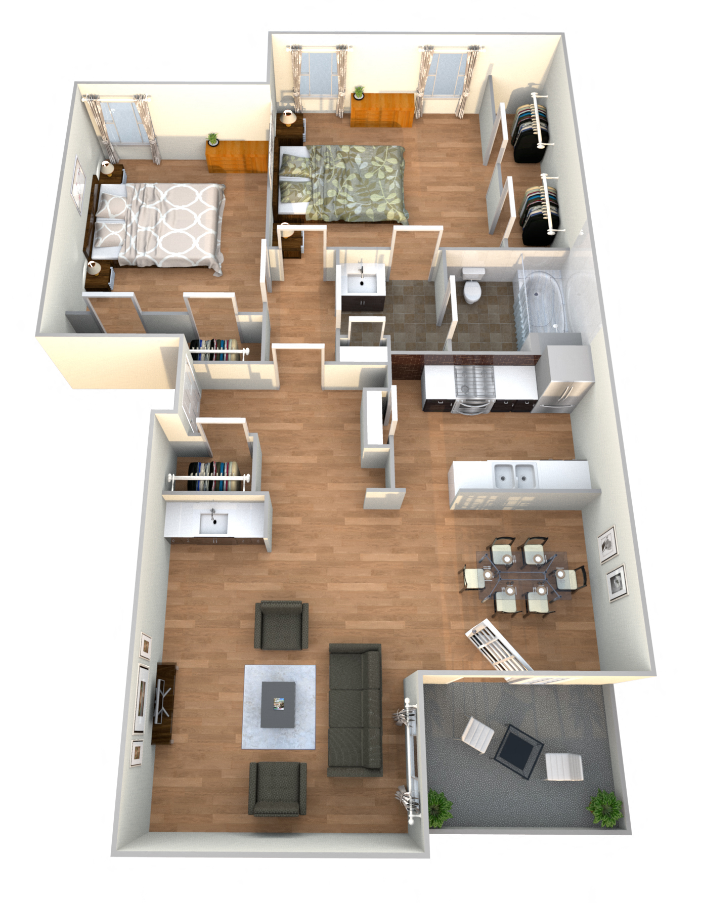 Floor plan for 2 beds, 1 bath, 933 sqft