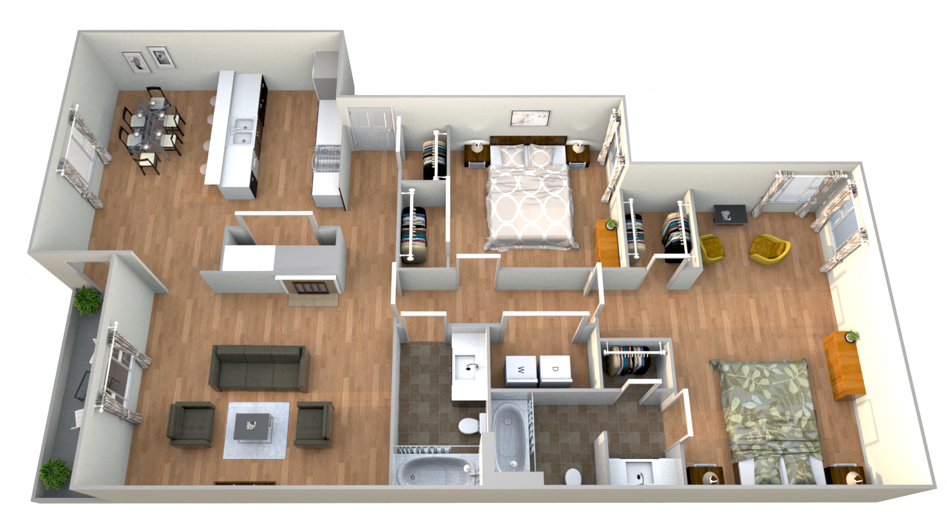 Floor plan for 2 beds, 2 baths, 1261 sqft