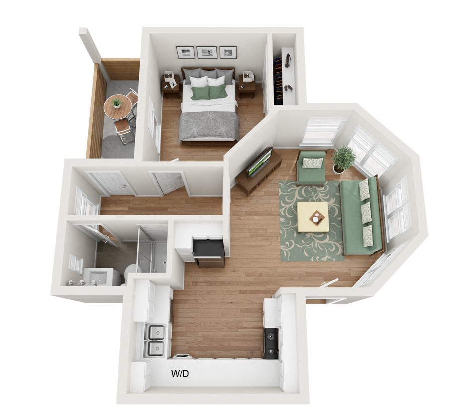 Floor plan for 1 bed, 1 bath, 612 sqft