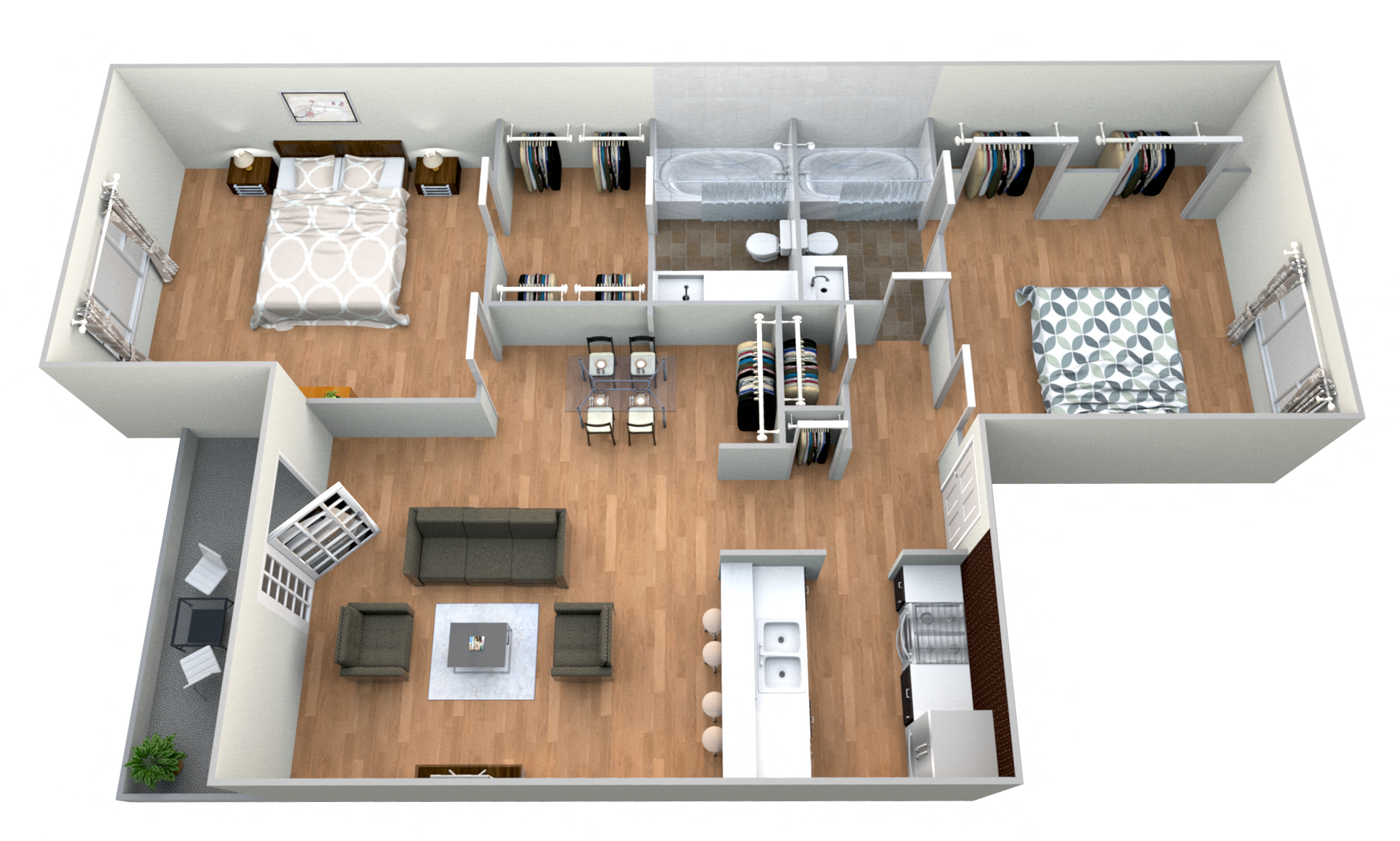 Floor plan for 2 beds, 2 baths, 873 sqft
