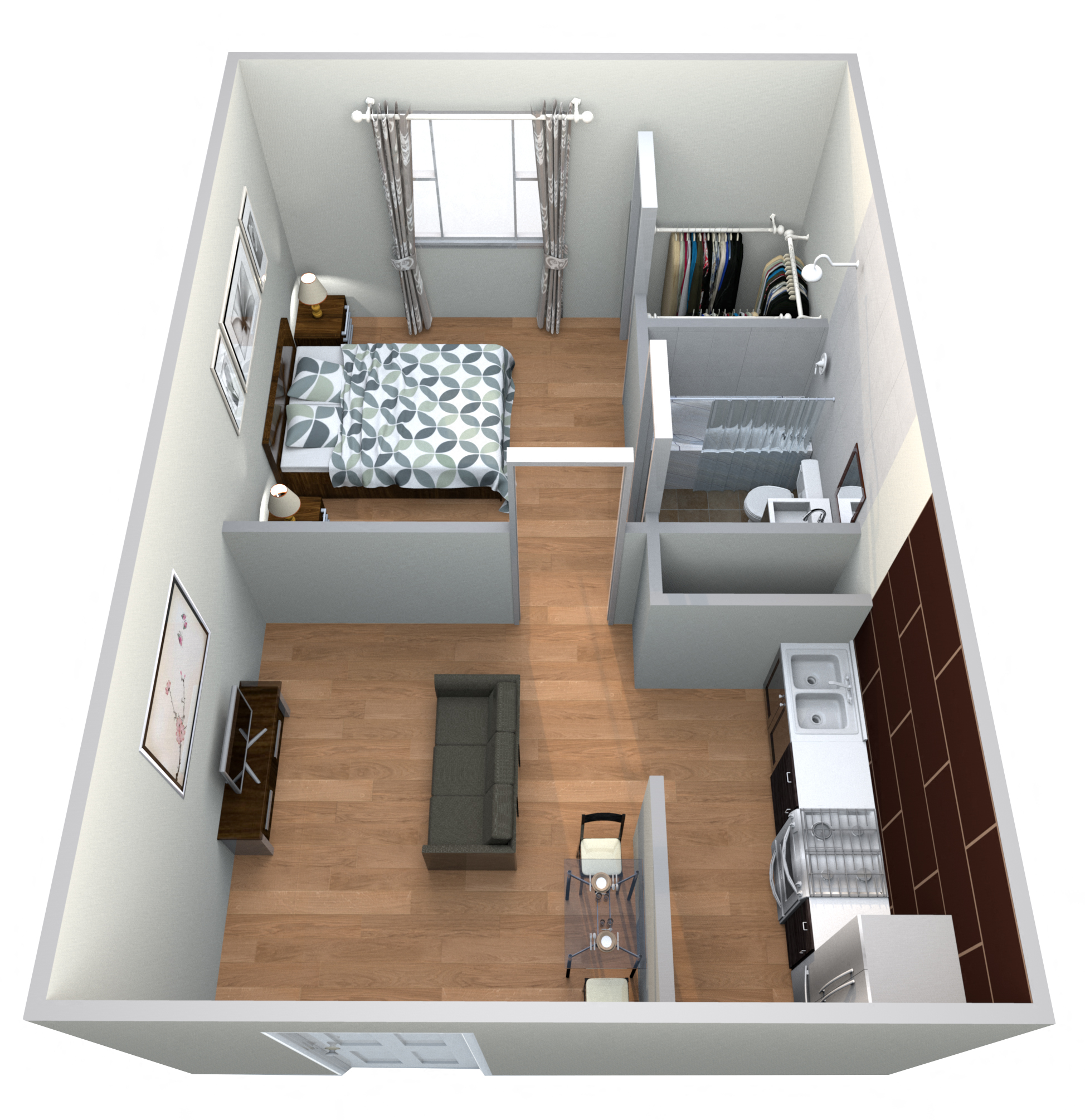 Floor plan for 1 bed, 1 bath, 475 sqft