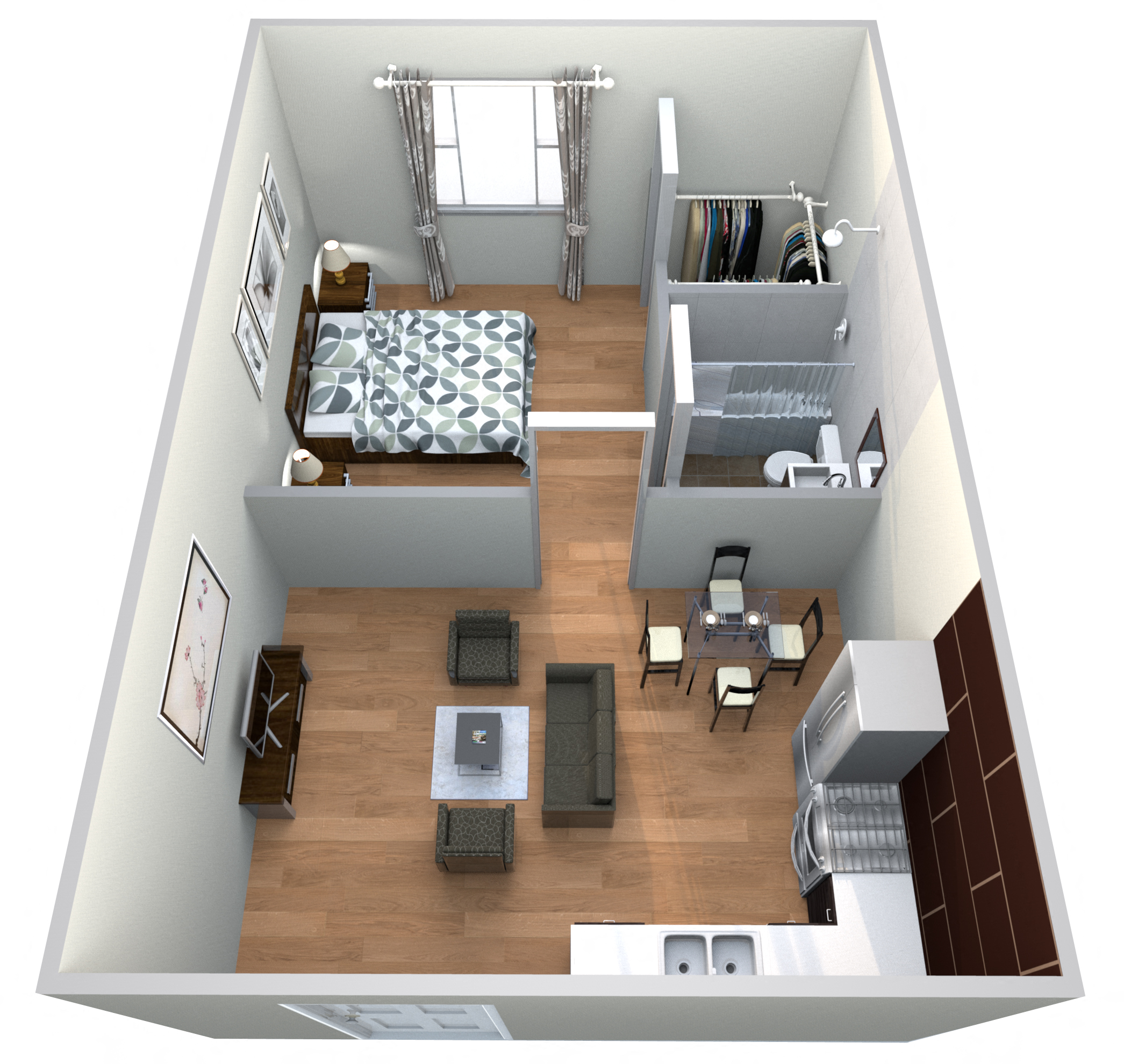 Floor plan for 1 bed, 1 bath, 462 sqft