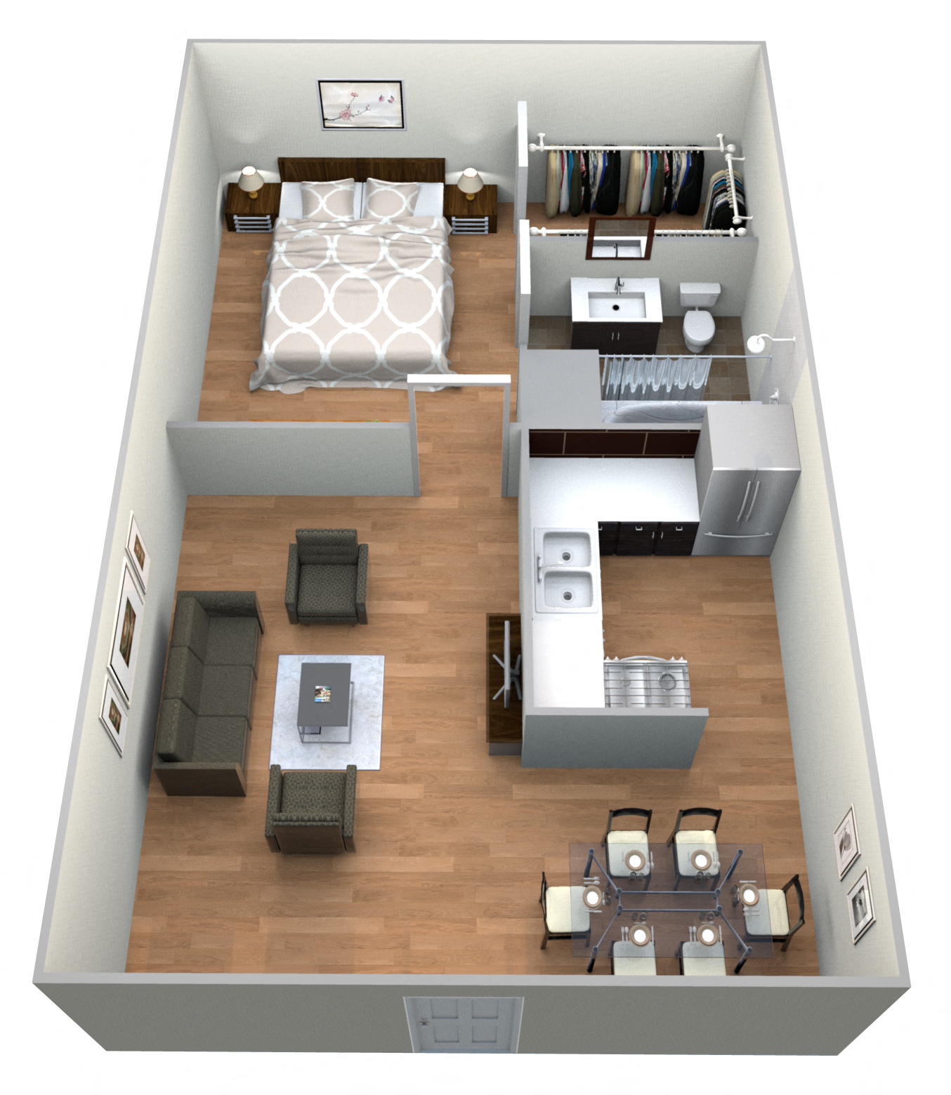 Floor plan for 1 bed, 1 bath, 620 sqft