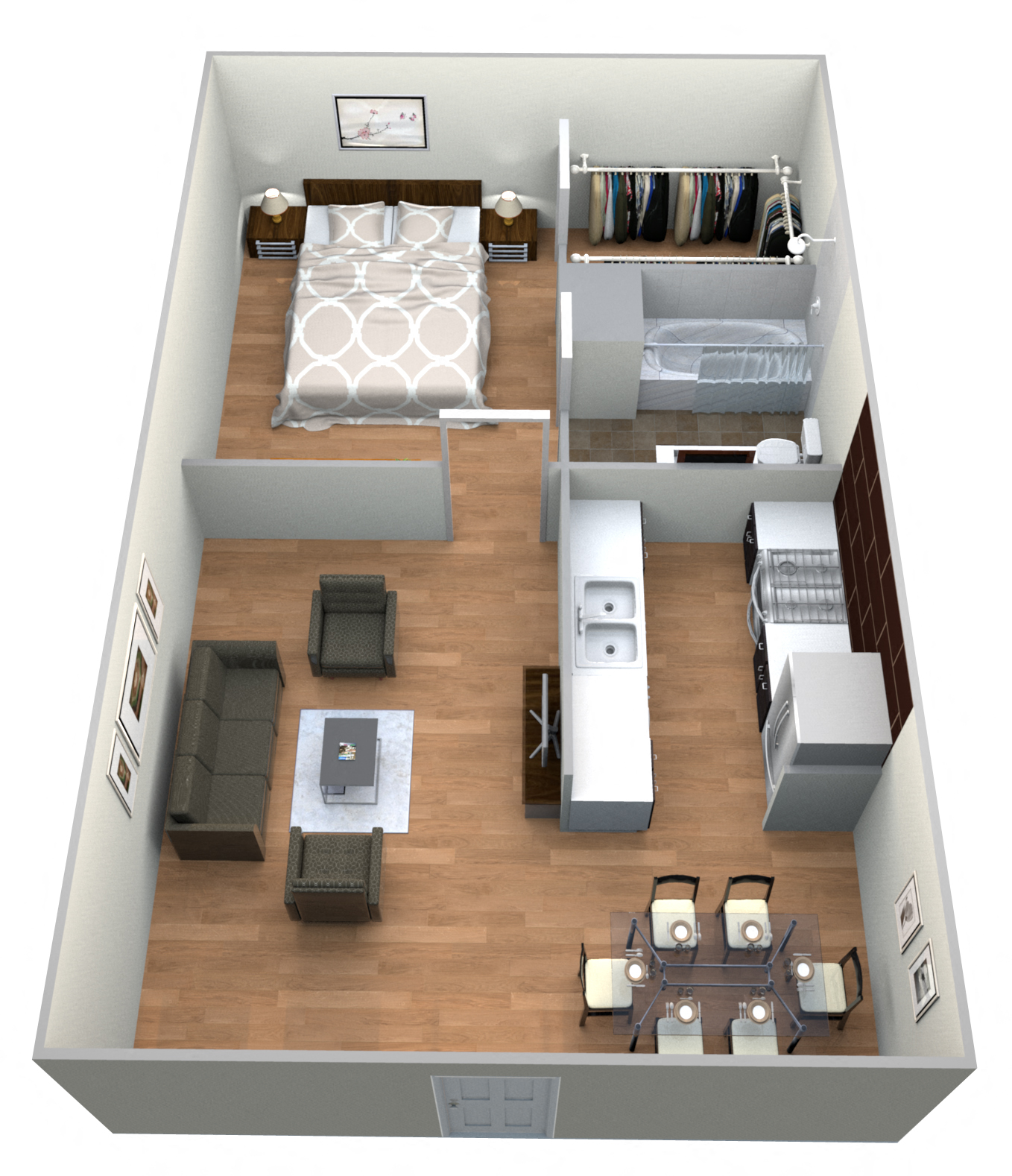 Floor plan for 1 bed, 1 bath, 601 sqft