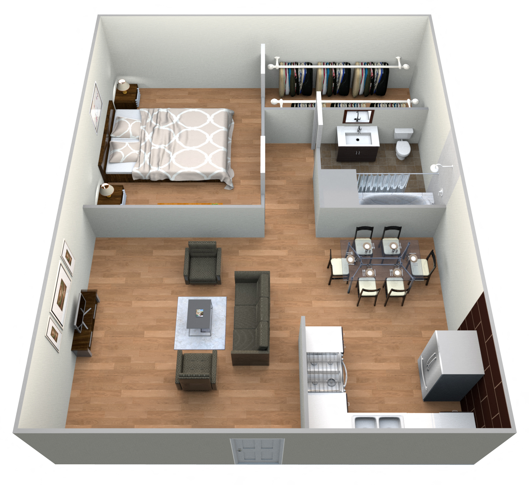 Floor plan for 1 bed, 1 bath, 675 sqft