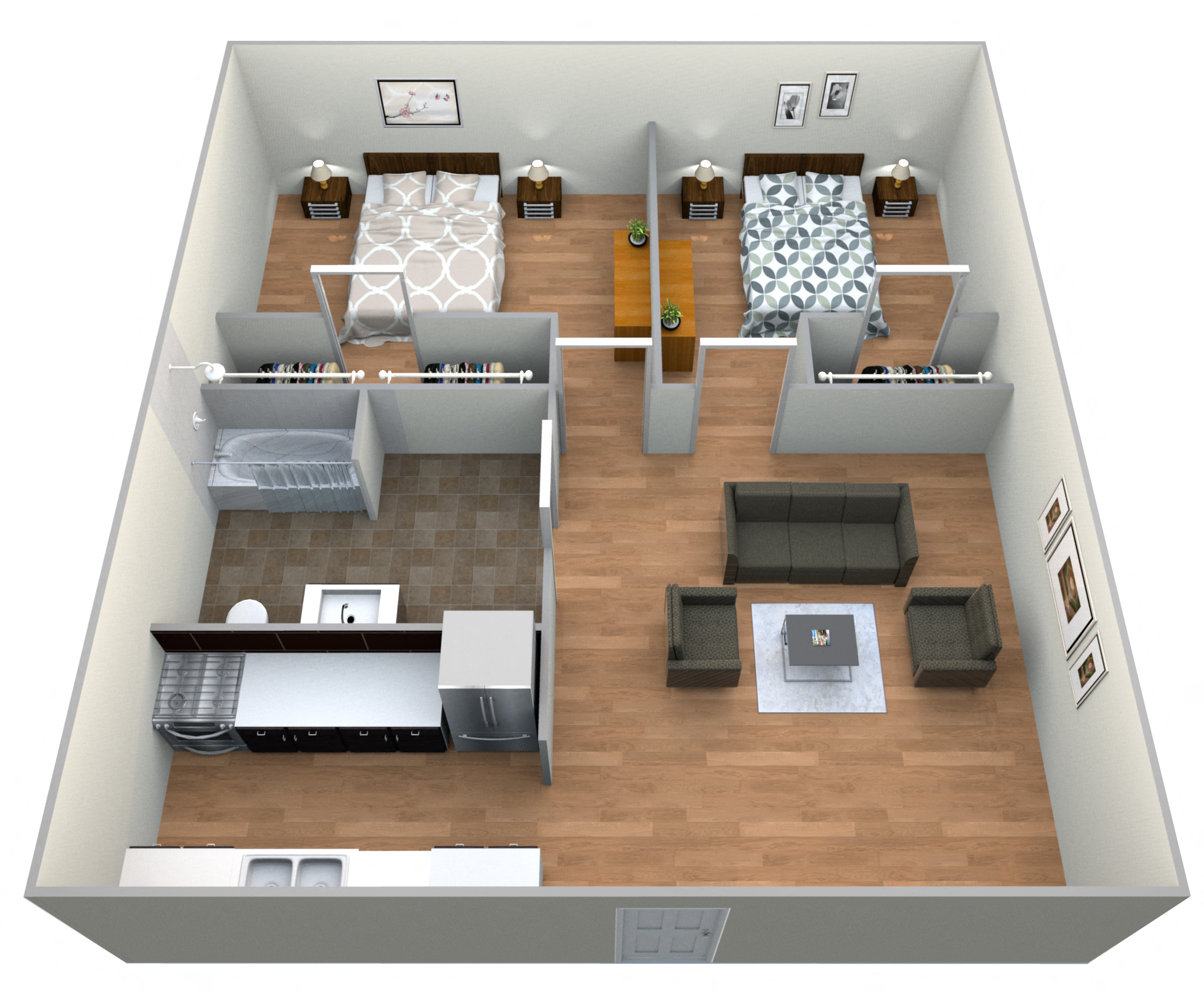 Floor plan for 2 beds, 1 bath, 858 sqft